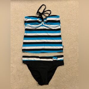 La Vie En Rose Black White and Turquoise Striped Tankini Set